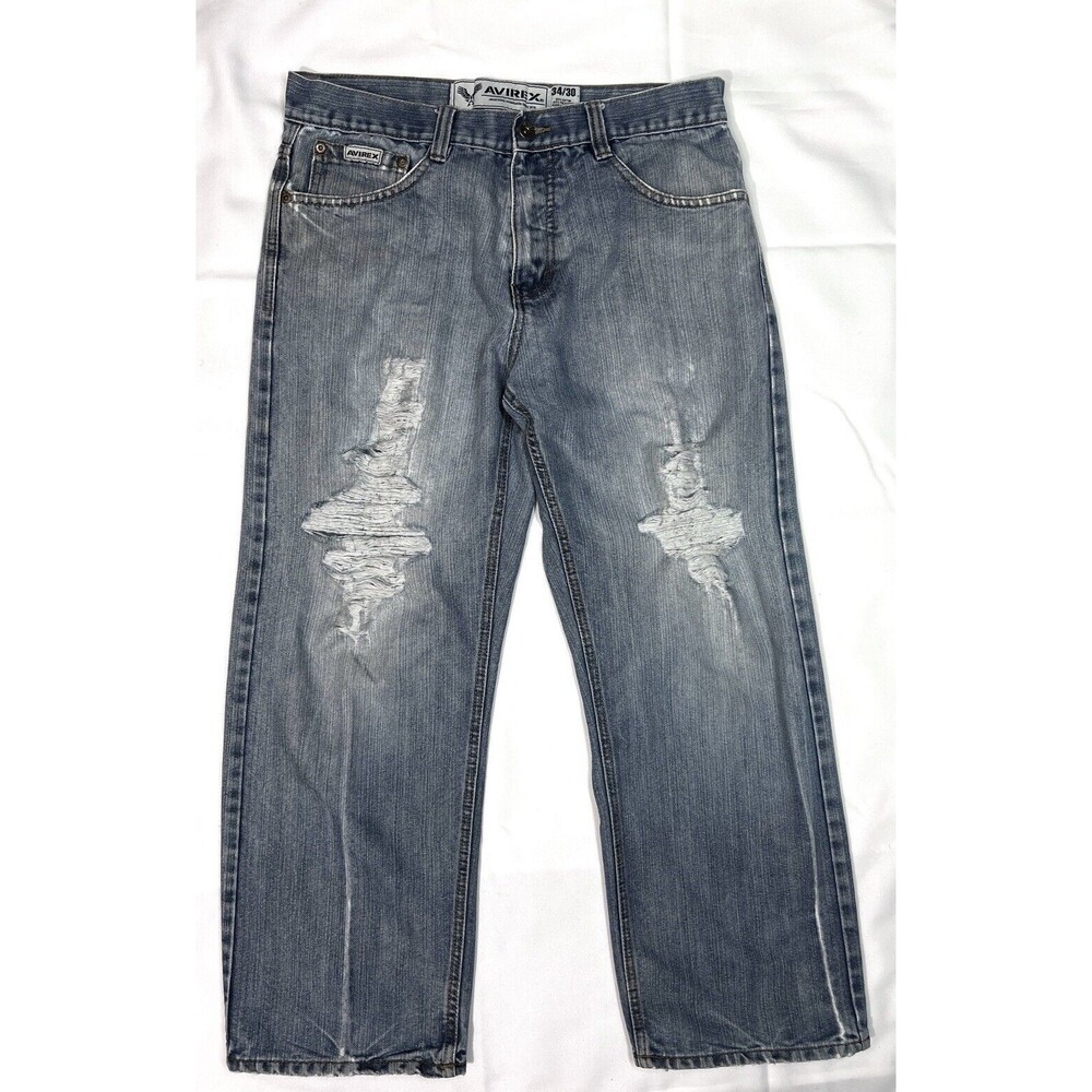 Vintage Avirex Mens 34x30 Ripped Baggy Jeans Embroidered Blue